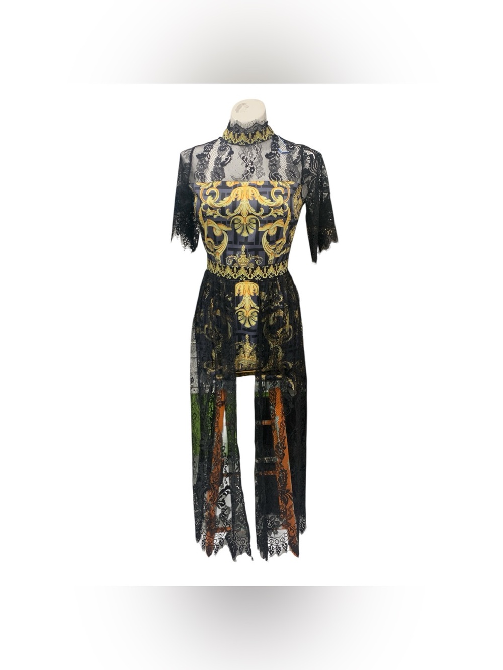 Style Fashion Black Lace and Gold Baroque Print Midi Dress Size XS